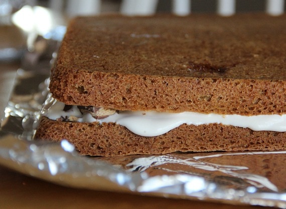 Vanilla ice cream and chopped peanut butter cups between two layers of blondies