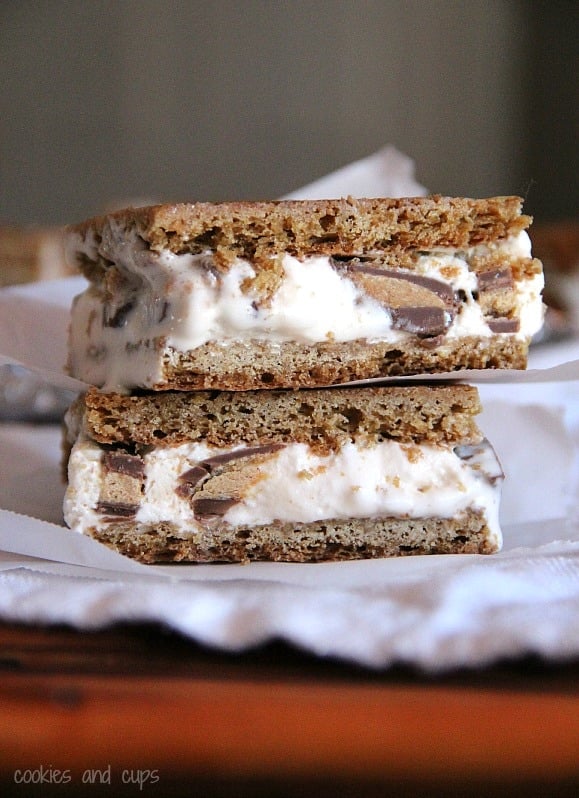 Close-up view of a stack of blondie ice cream sandwiches
