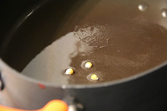 A few popcorn kernels in a pan of hot oil