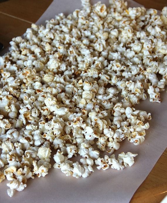 Kettle corn on a sheet of parchment paper