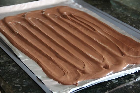 Melted chocolate spread on a sheet pan