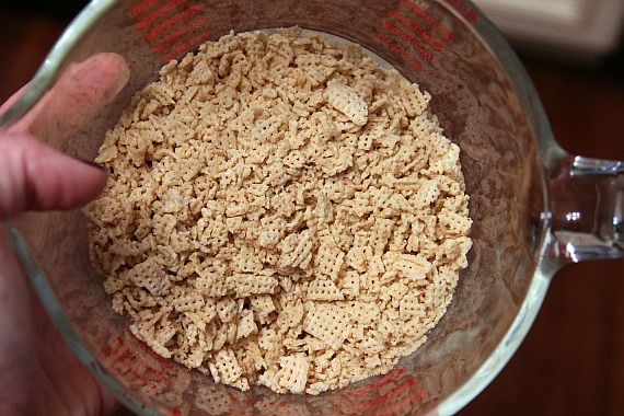 Crushed Chex cereal in a bowl