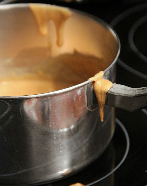 Melted peanut butter in a saucepan