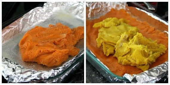 A collage of orange dough and orange with yellow dough being spread in a foil-lined pan