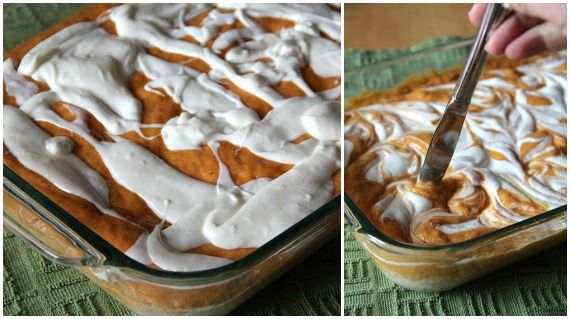 A collage of cream cheese mixture being swirled into pumpkin bars