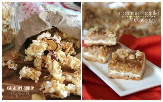 Collage of caramel apple popcorn and caramel apple cheesecake bars