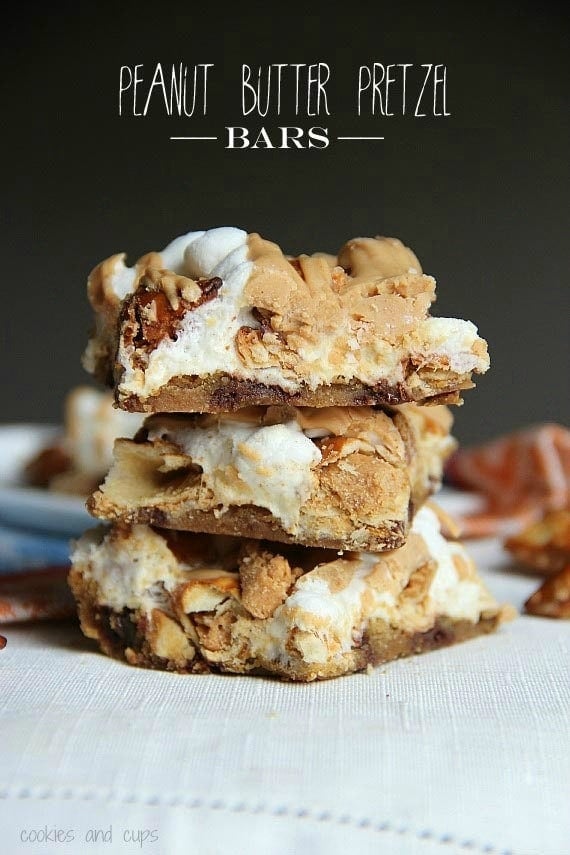 Three peanut butter pretzel bars, stacked