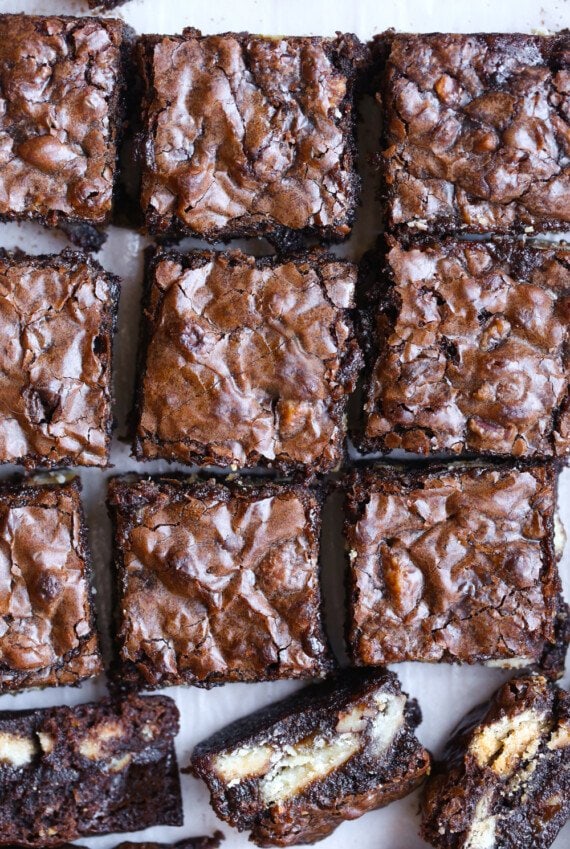 Brownies from above, sliced into bars with crackly tops