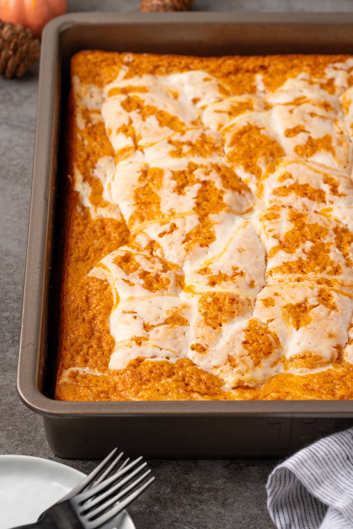 Baked pumpkin cream cheese bars in a baking pan.