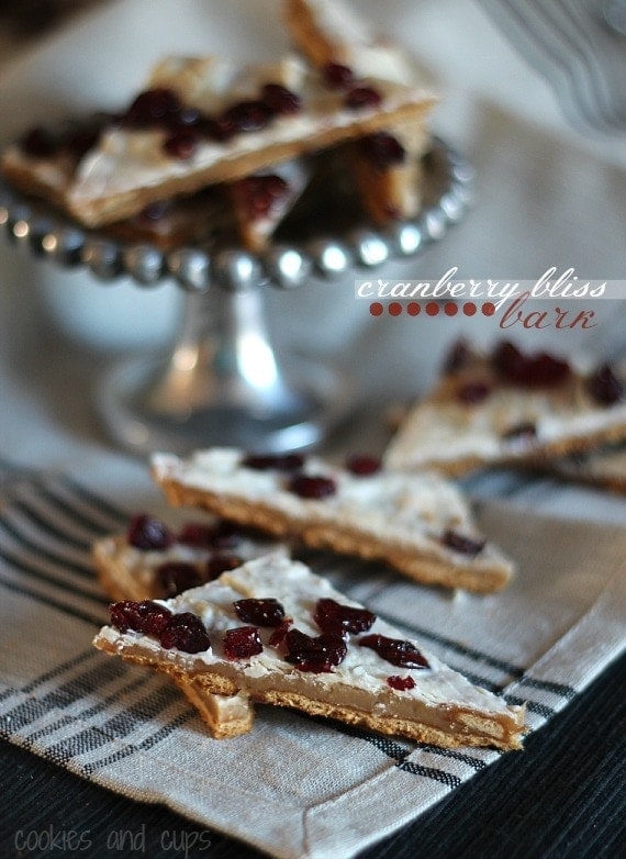 Cranberry Bliss bark wedges on a plaid napkin