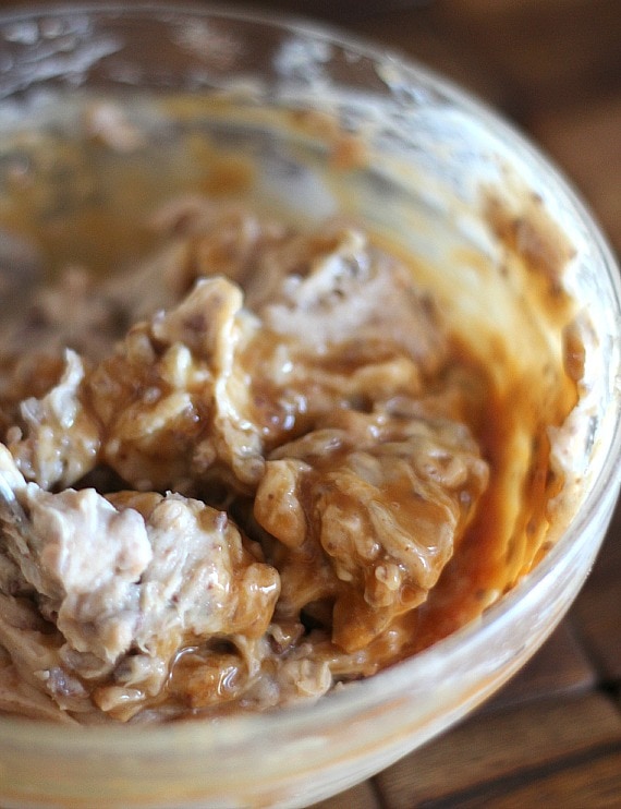 Caramel apple dip ingredients being mixed in a bowl