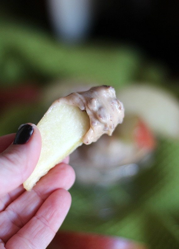 Caramel apple dip on an apple slice