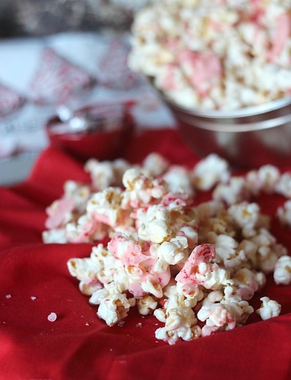 Candy cane kisses kettlecorn on a red cloth