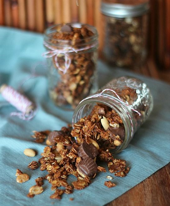 A jar of peanut butter cup granola on its side