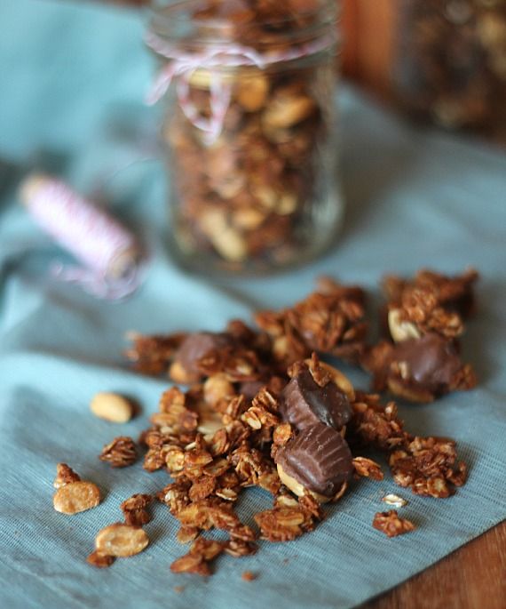 Peanut butter cup granola on a cloth