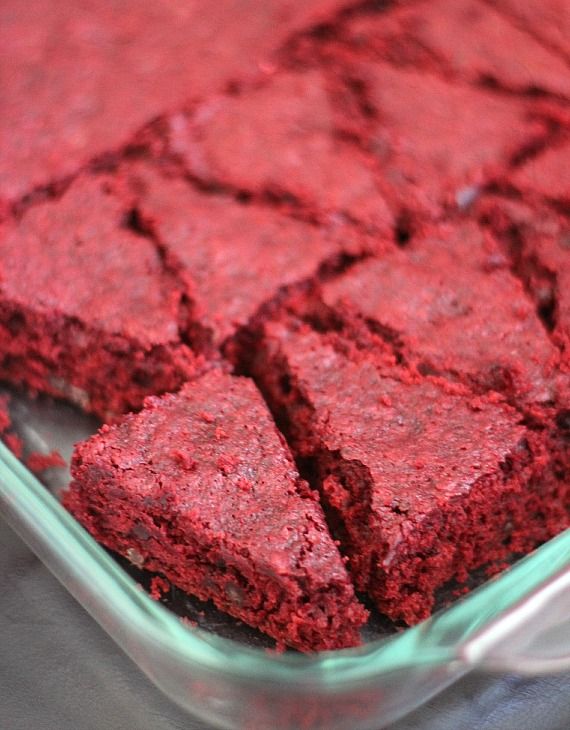 Red velvet brownies cut into triangles