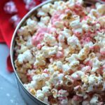 Overhead view of a bowl of Candy Cane Kiss Kettle Corn