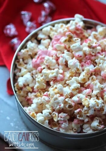 Overhead view of a bowl of Candy Cane Kiss Kettle Corn