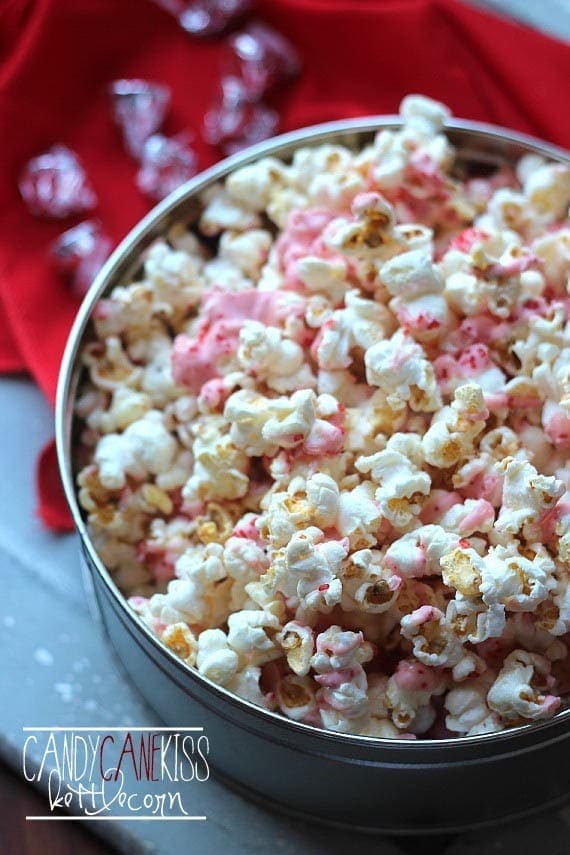 Overhead view of a bowl of Candy Cane Kiss Kettle Corn