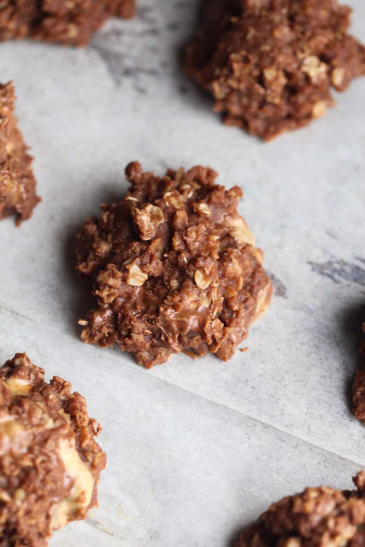 No Bake Cookies setting up on parchment paper