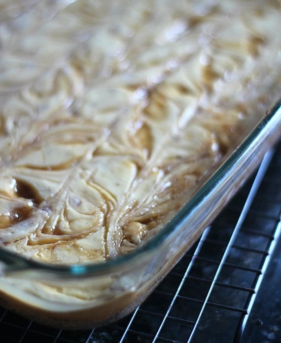 A pan of brown sugar toffee cheesecake bars