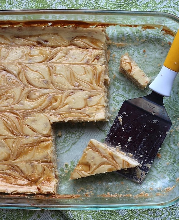 A pan of brown sugar toffee cheesecake bars