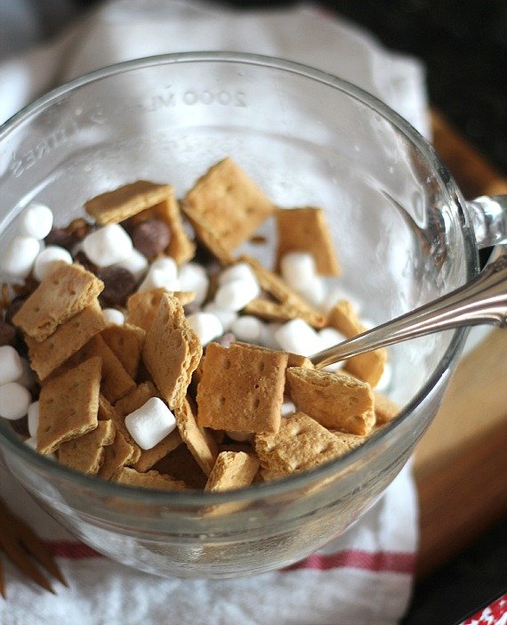 Top view of graham crackers, mini marshmallows and chocolate chips in a jar