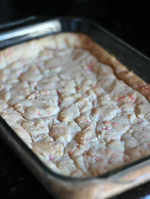 Baked peppermint cookie bars in a 9x13 baking dish