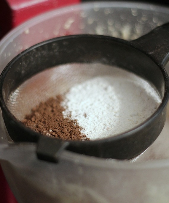 Flour and cocoa powder in a sifter