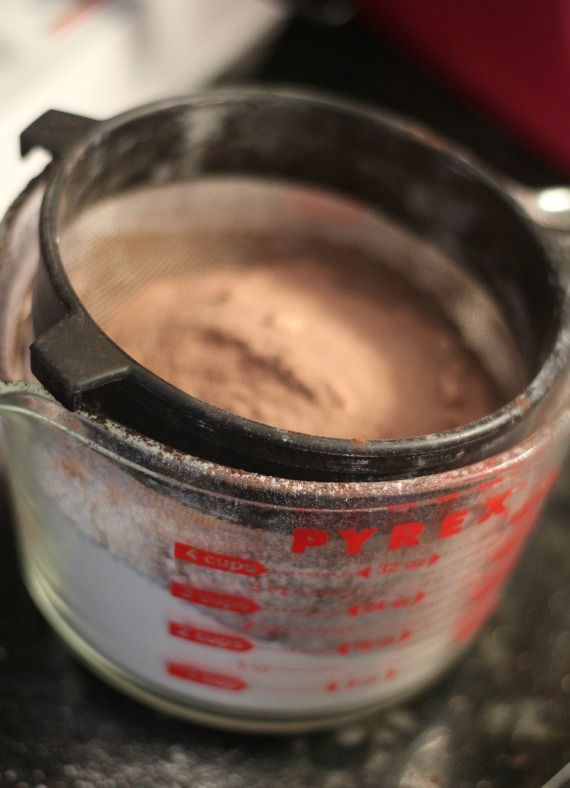 Chocolate dry ingredients in a sifter