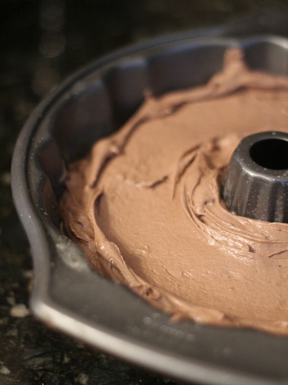 Chocolate cake batter in a bundt pan