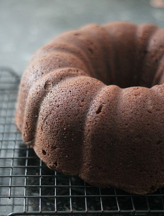 Chocolate bundt cake on a cooling rack