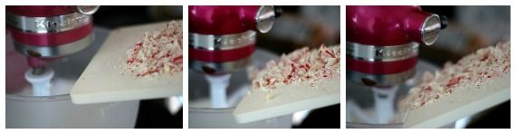 Collage of 3 photos of chopped candy cake kisses being added to a stand mixer bowl