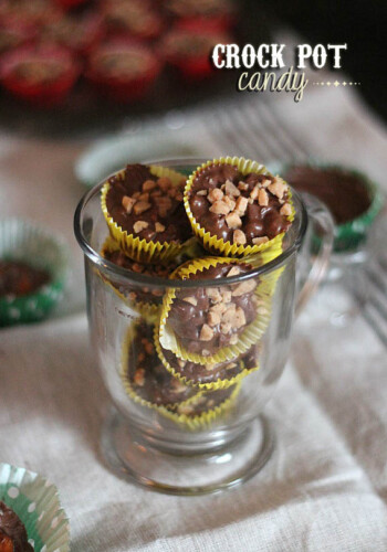 Cup of crock pot chocolate candies in wrappers