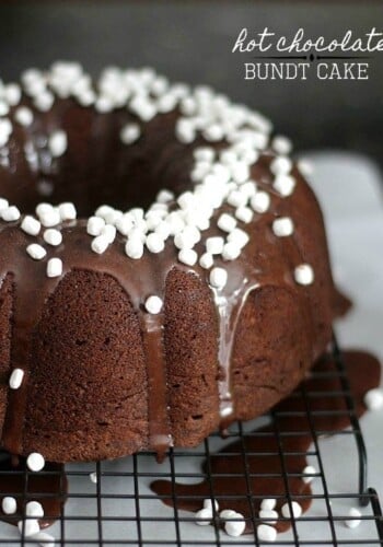 Hot chocolate bundt cake with chocolate ganache and mini marshmallows