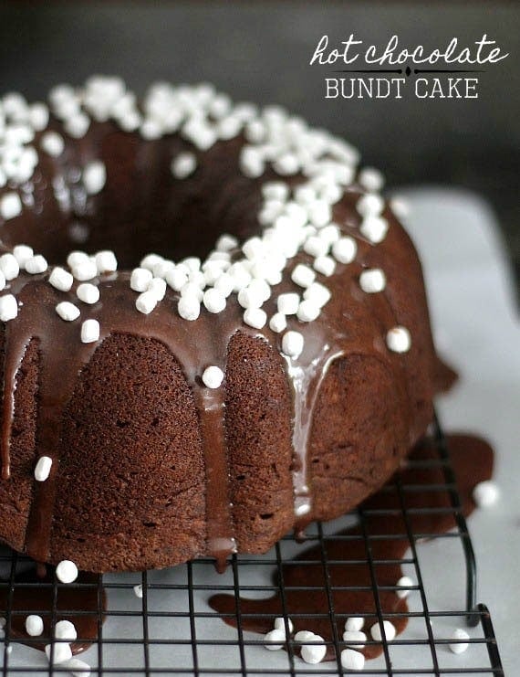 Hot chocolate bundt cake with chocolate ganache and mini marshmallows
