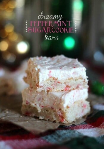 Two frosted Peppermint Sugar Cookie bars, stacked