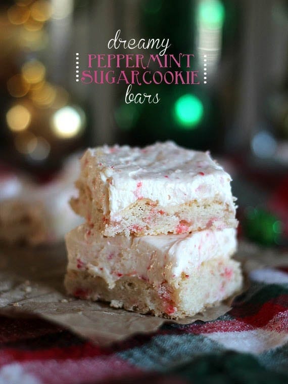 Two frosted Peppermint Sugar Cookie bars, stacked