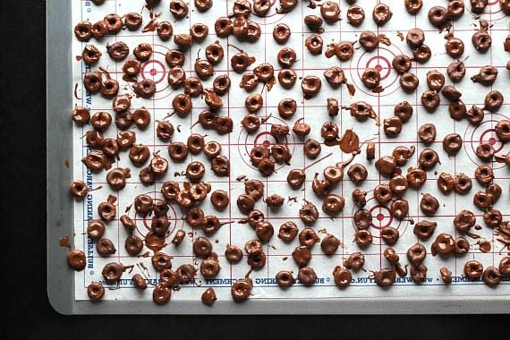 Chocolate coated cheerios spread out on a baking sheet