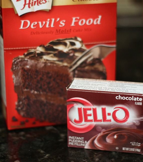 A box of Devil's Food cake mix and a box of Jello chocolate pudding mix