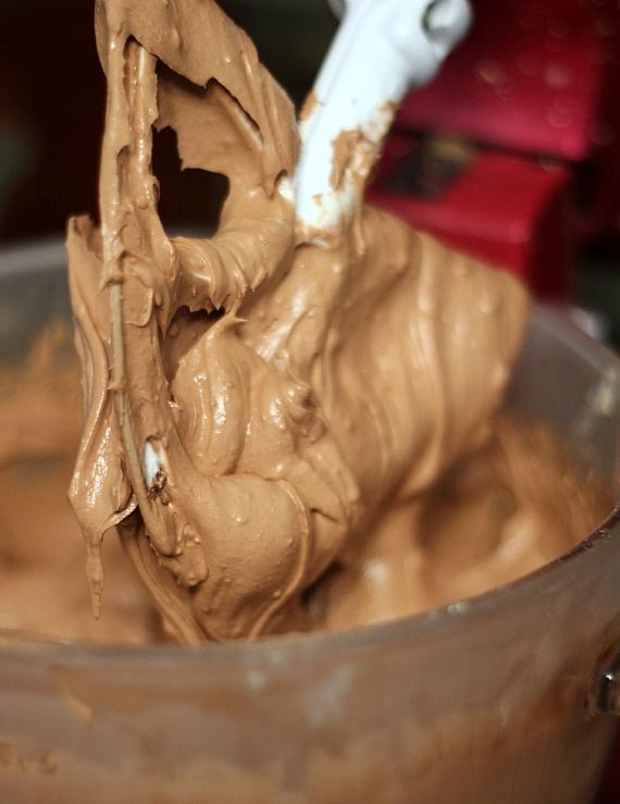 Peanut butter batter in a stand mixer bowl