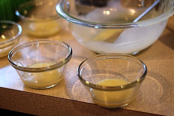 Melted white chocolate mixture in several custard cups