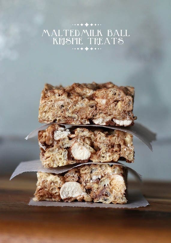 Three malted milk ball krispie treats, stacked