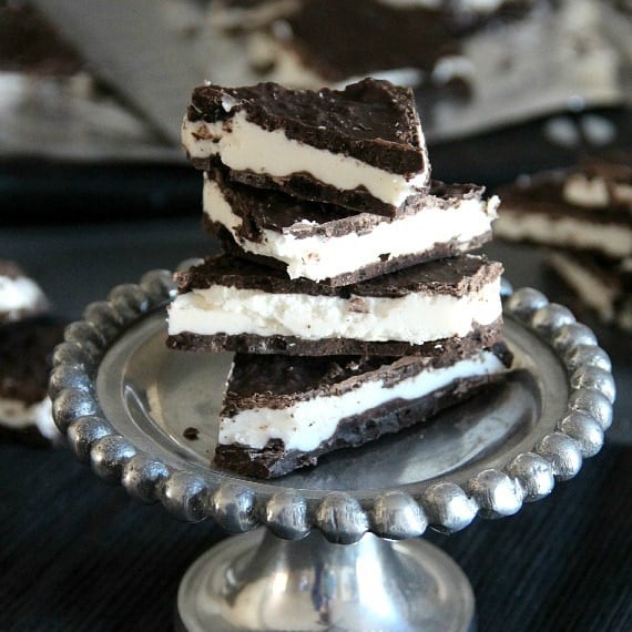 Image of Oreo Cookie Bark on a Cake Stand