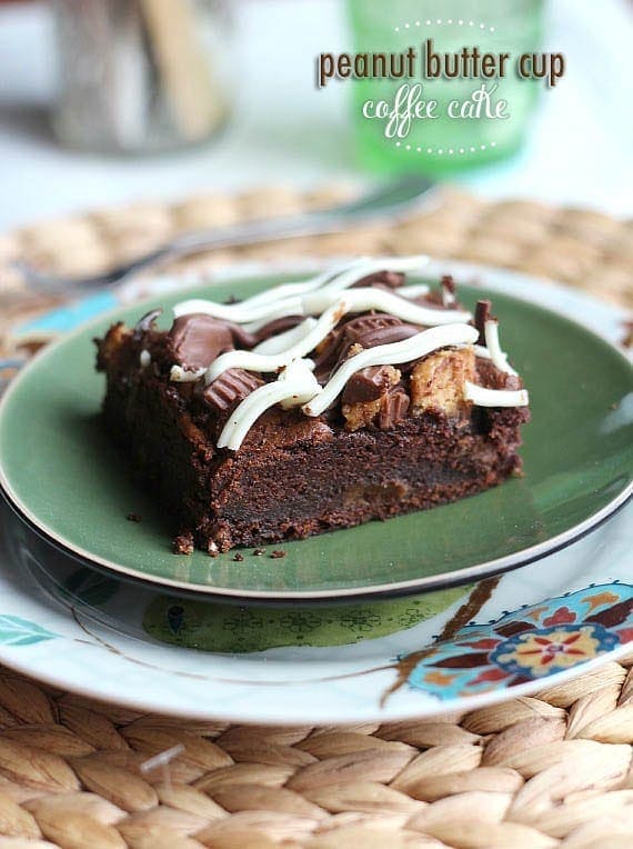 A square of Peanut Butter Cup Chocolate Coffee Cake on a plate