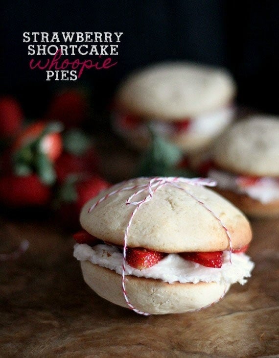 Close-up of strawberry shortcake whoopie pies tied with kitchen twine