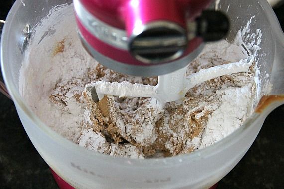 Peanut butter batter in a stand mixer bowl