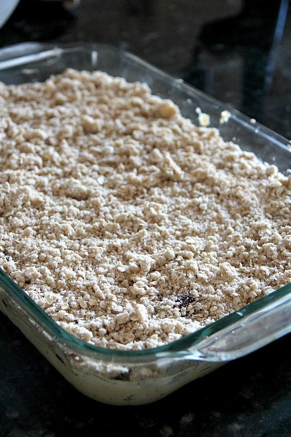 Crumb-topped peanut butter and jelly bars in a 9x13 pan