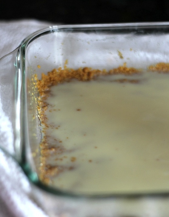 Sweetened condensed milk over graham cracker crumbs in a baking dish
