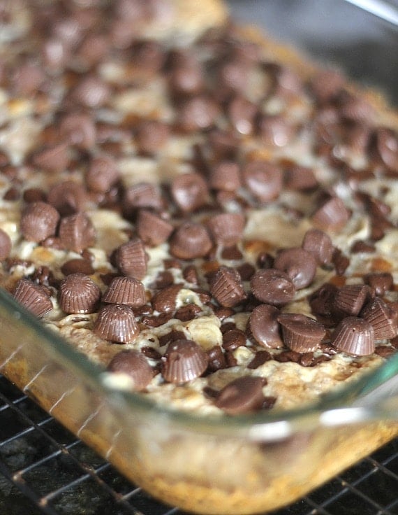 Close-up view of a pan of blizzard bars